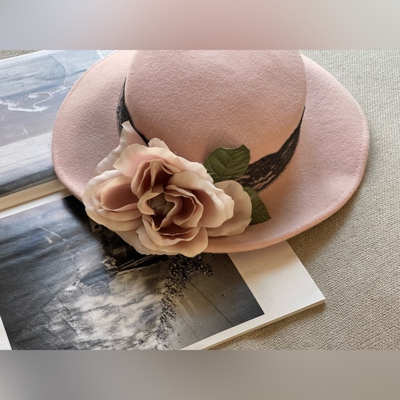 Elegant 100% Wool Wide Brim / Rose / Lace Hat In Dusty Rose-Royal/Derby/Church - Picture 3 of 14